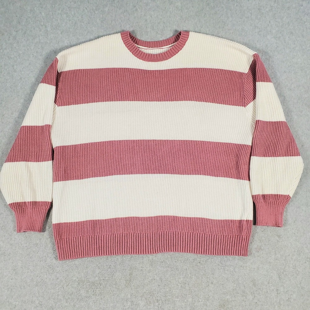 Hollister Rory Crew Sweater Oversized Womens XXL Mauve Cream Striped Ribbed Knit